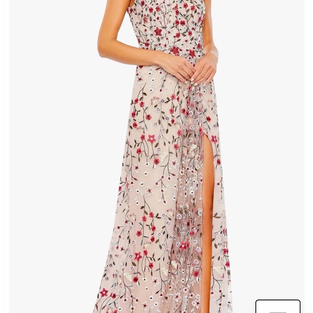 Mac Duggal Floral Embroidered Beige Maxi Dress with Red & Pink Accents